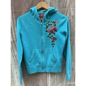 Vintage Lucky Brand Hoodie Y2K Turquoise Floral Embroidery Asian Art Sz M RARE